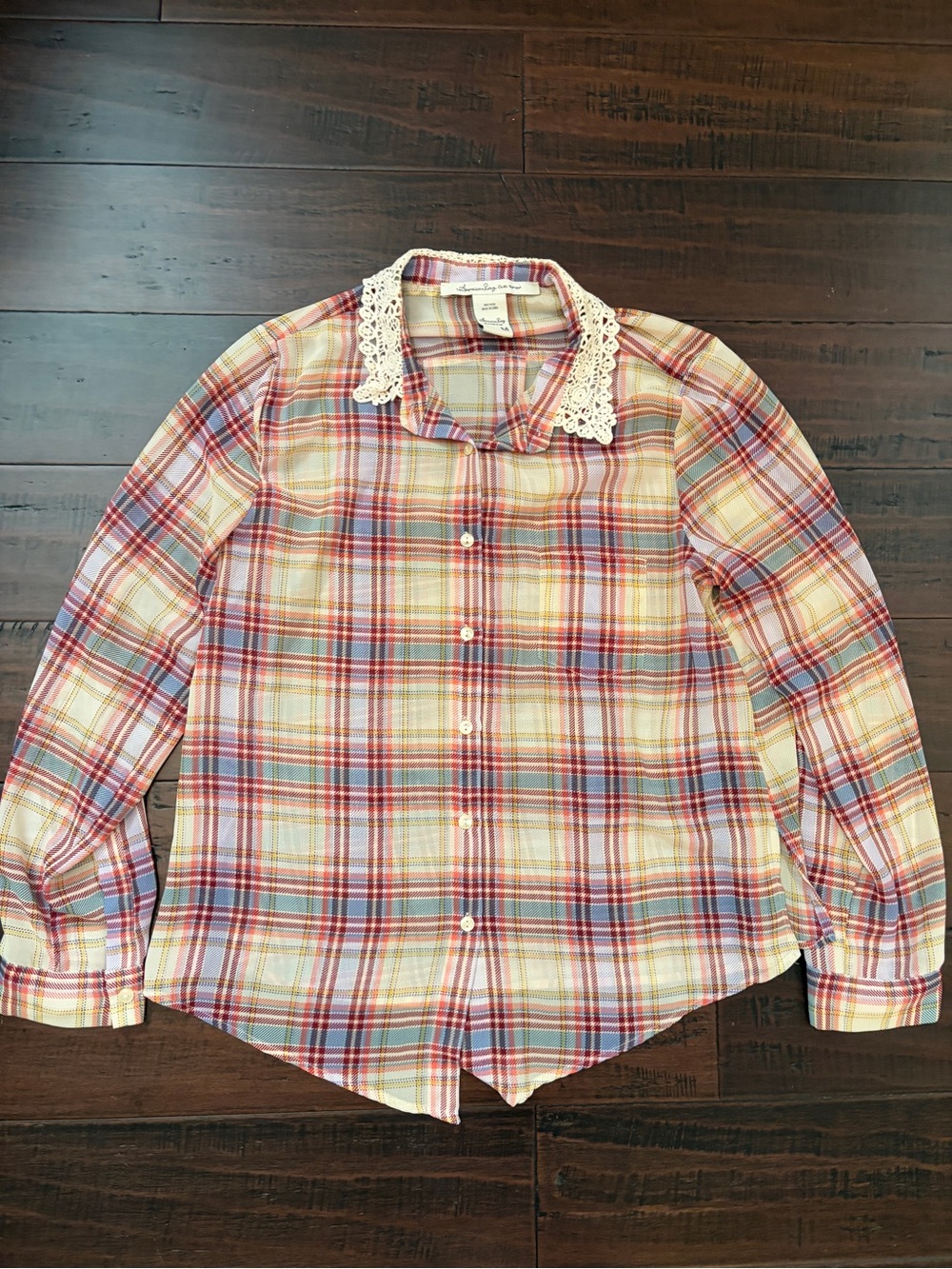 American Rag Plaid‎ prairie cottage Shirt Crochet Collar farmhouse western sheer